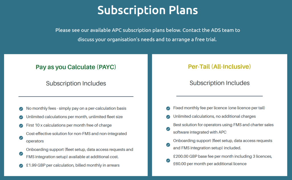 Showcasing the subscription plans for the APC